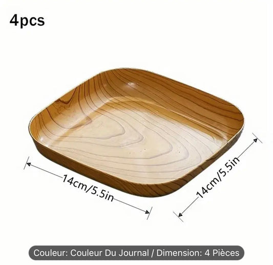 Assiettes à Snack Imitation Bois – Lot de 4