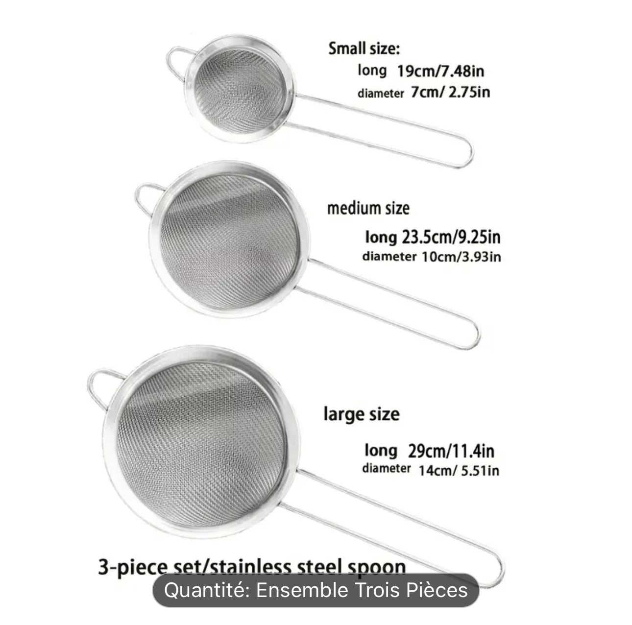 Ensemble de 3 Passoires en Acier Inoxydable – Passoires Polyvalentes &amp; Louche pour Filtrage de Farine, Huile et Plus